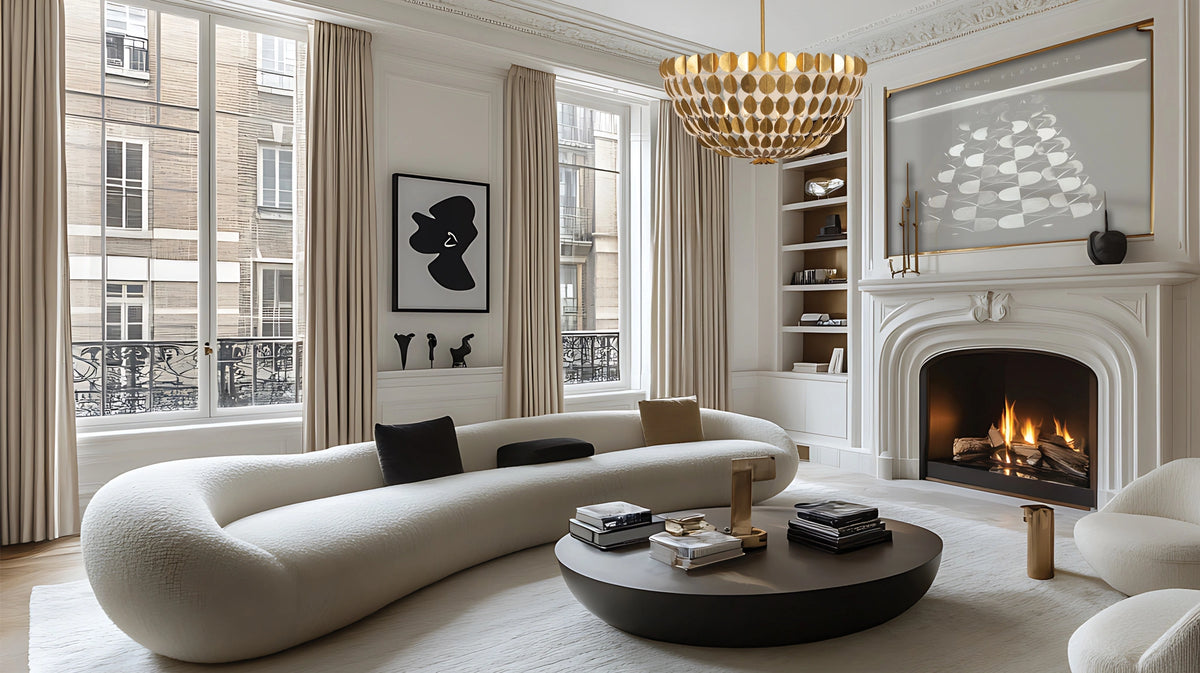 Kalco sculptural gold pendant in a refined living room
