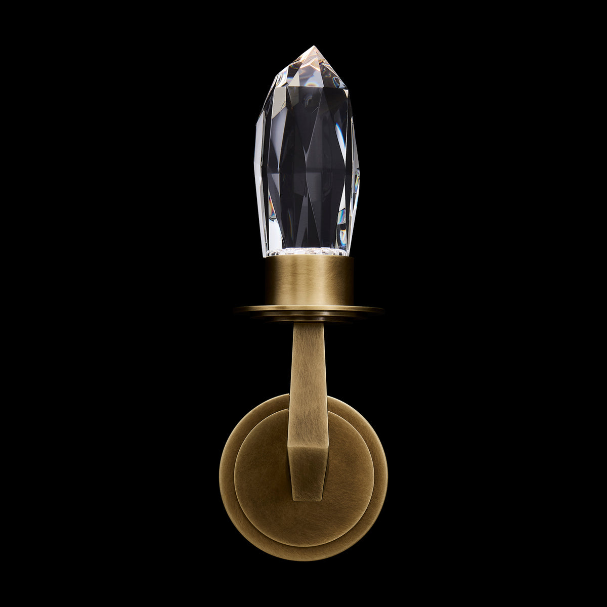 Misto satin brass wall sconce with clear crystal and leather accents