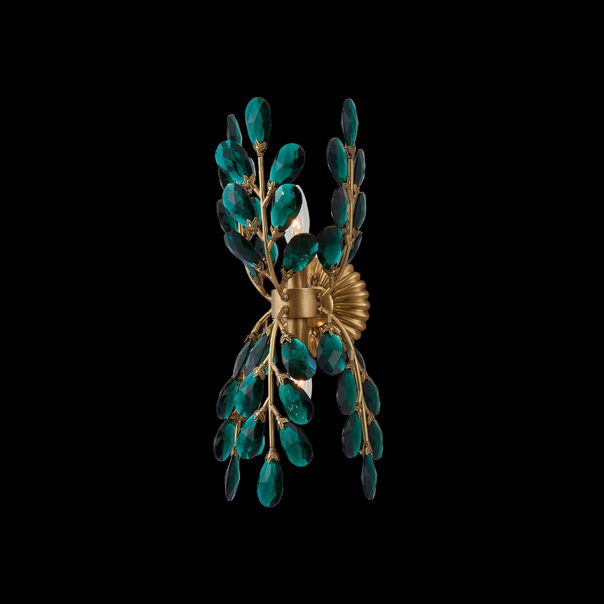 Alloro True Brass wall sconce with emerald Firenze crystal leaves